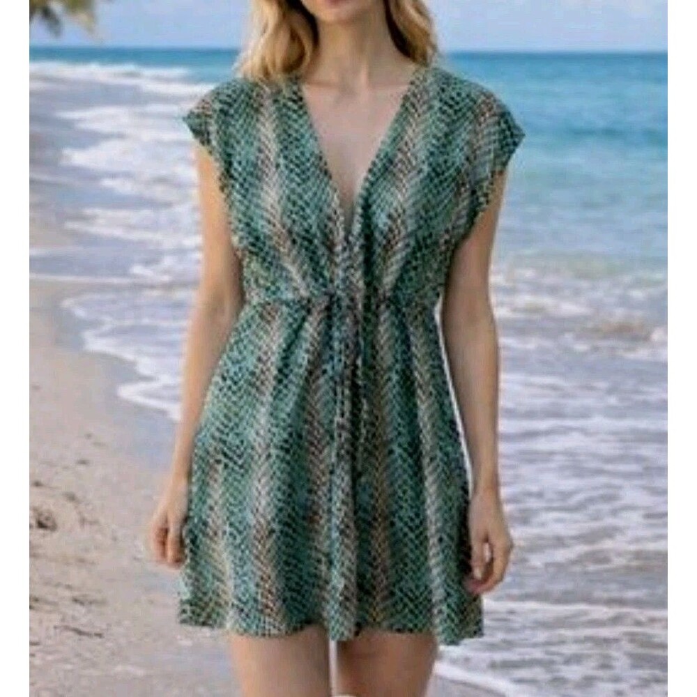 Capelli New York Size XL Swim Cover-up Dress Teal Snake Animal Print V-Neck Cute